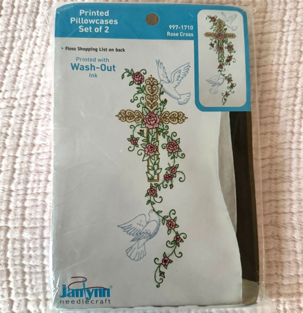 NIP Janlynn Needlecraft Set of 2 Printed Pillowcases Roses & Butterflies Cross